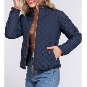 Suede Piping Detail Knit Rib Quilted Padding Jacket Navy Blue